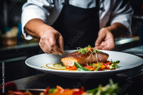 The chef decorates the fish steak with microgreen grass.