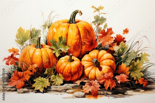 pumpkins and autumn leaves on a black background