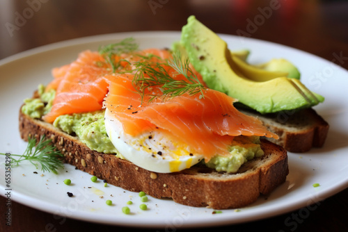 Healthy morning dish - Smoked salmon avocado breakfast.