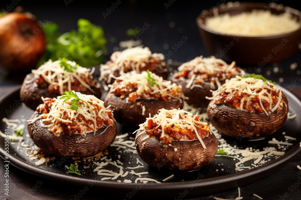 Champignon mushrooms stuffed with minced meat and baked with cheese.