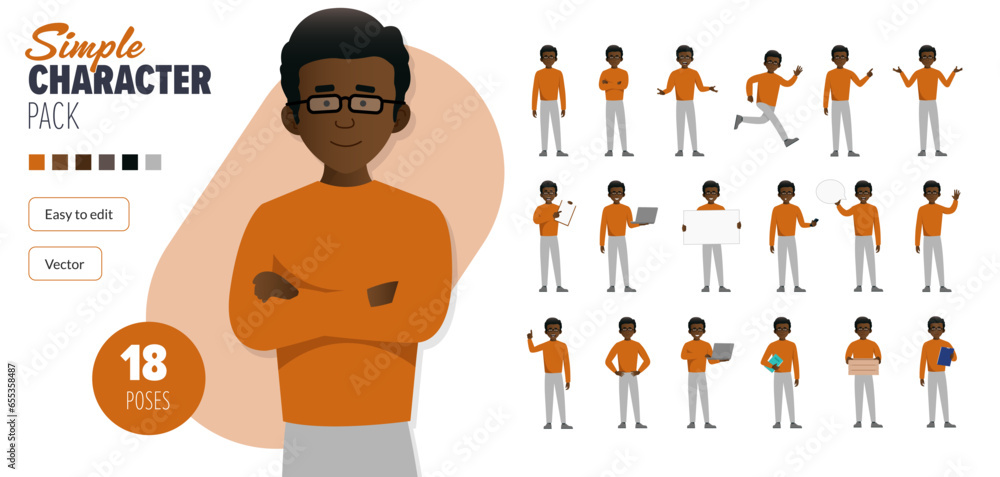 Simple flat male vector character wearing glasses in a set of multiple ...