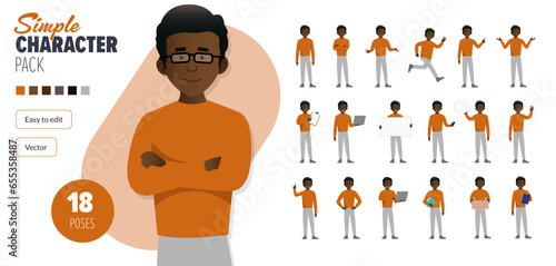 Simple flat male vector character wearing glasses in a set of multiple poses. Easy to edit and isolated on a white background. Modern trendy style character mega pack with lots of poses. 