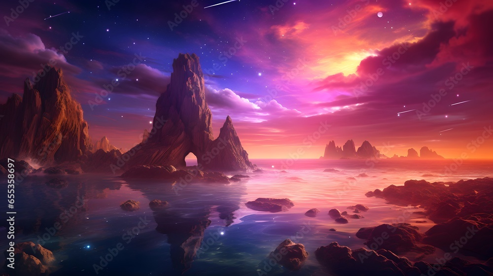 Fantasy alien planet. Mountain and sea. 3D illustration.