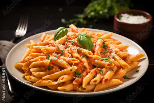 Restaurant dish Penne alla vodka sprinkled with microgreens. photo