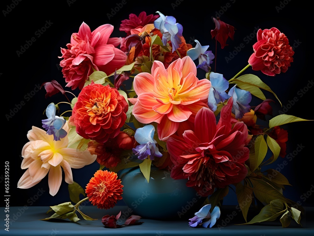 Colorful bouquet of dahlias in vase on black background