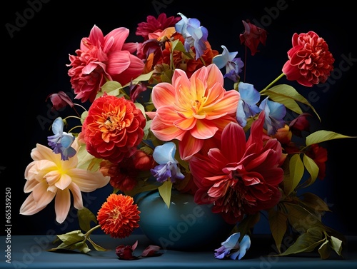 Colorful bouquet of dahlias in vase on black background