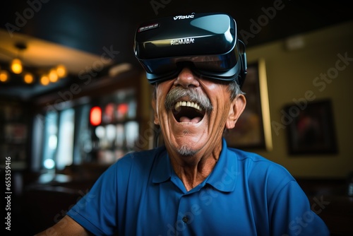 Elderly person wearing virtual reality goggles, having fun © FrankBoston