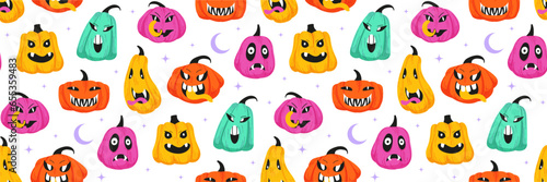Halloween seamless pattern. Colored spooky pumpkins. Vector flat illustration. Halloween background.