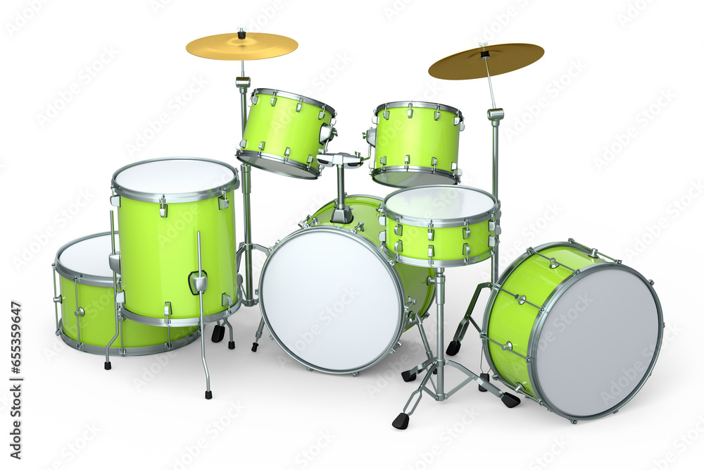 Set of realistic drums with metal cymbals or drumset on white background Set of realistic drums with metal cymbals or drumset on white background