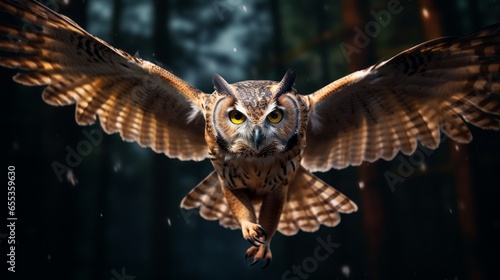 owl with spread wings flying in the night