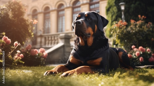 rottweiler at a wealthy garden protecting the house photo