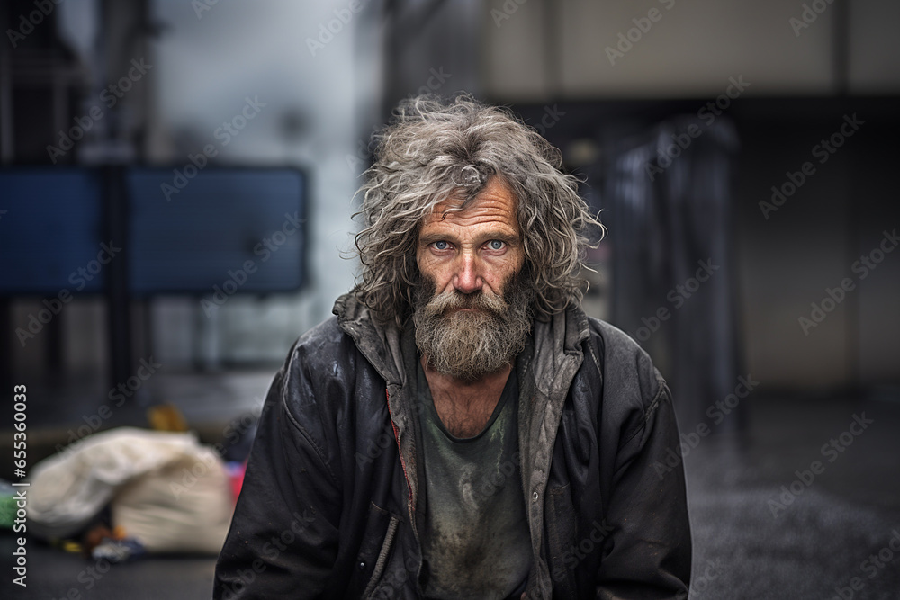 portrait of American homeless man sitting on curb on street portrait of American homeless man sitting on curb on street