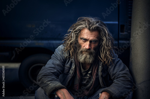 portrait of American homeless man sitting on curb on street