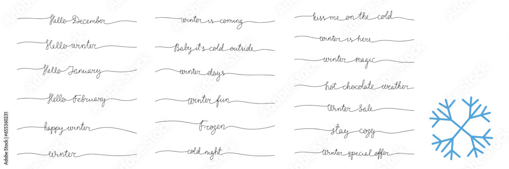 Big collection of hand drawn winter short phases. One line continuous winter text calligraphy. Vector illustraiton. Line art winter.