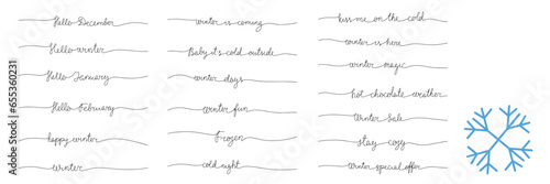 Big collection of hand drawn winter short phases. One line continuous winter text calligraphy. Vector illustraiton. Line art winter.