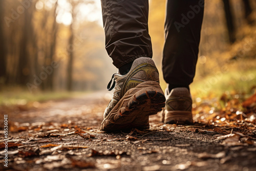 Close-up of a man's sneakers walking along a wet forest path in sports shoes in the sun's rays.