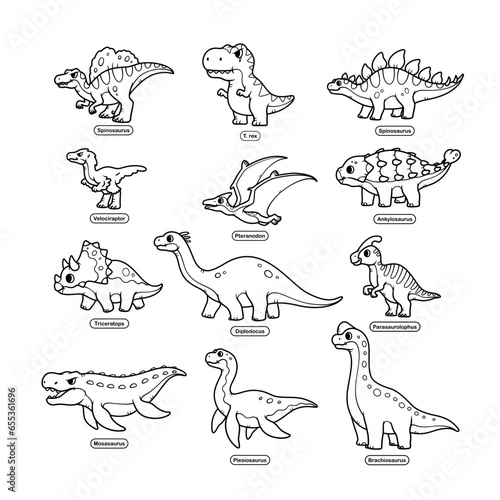 Set of cute dinosaur element in line art style isolated vector illustration