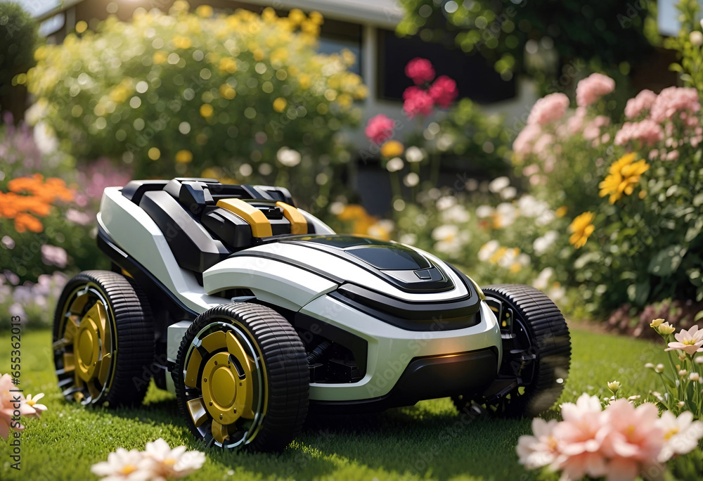 robot tondeuse électrique dans un jardin avec des fleurs autour - obrazy, fototapety, plakaty 