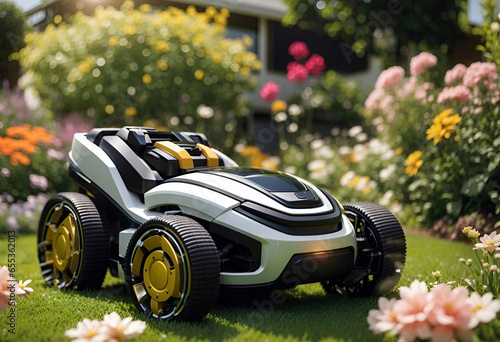 robot tondeuse électrique dans un jardin avec des fleurs autour photo