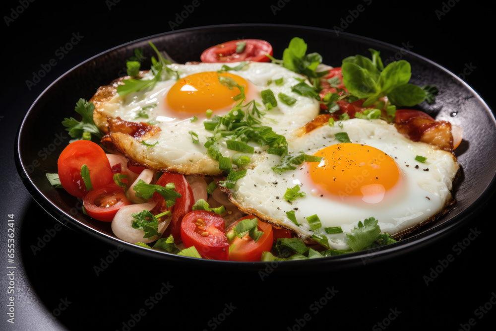 fried eggs with vegetables in a frying pan, delicious healthy food fried eggs with vegetables in a frying pan, delicious healthy food
