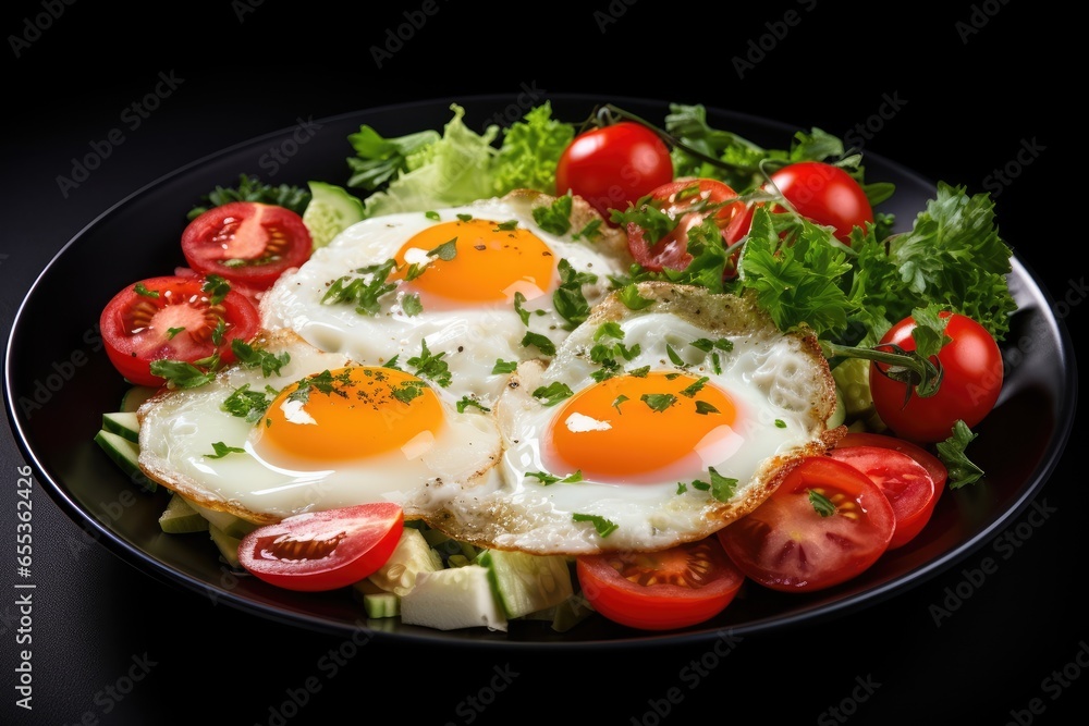fried eggs with vegetables in a frying pan, delicious healthy food fried eggs with vegetables in a frying pan, delicious healthy food