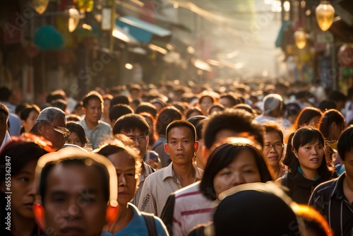 Crowd of Asian people walking street