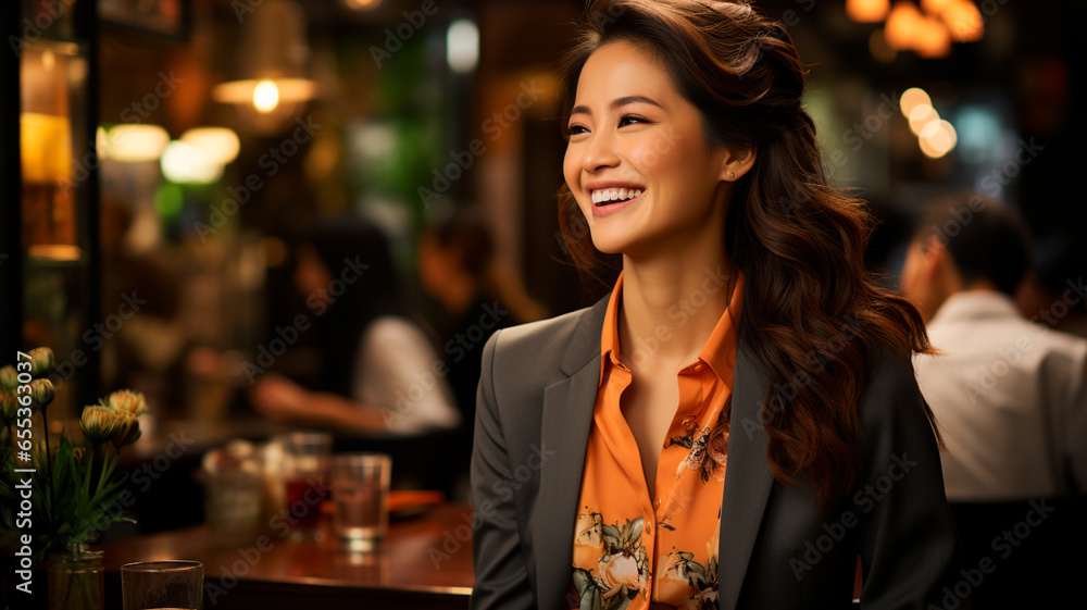 asian woman with a glass of beer in a cafe asian woman with a glass of beer in a cafe