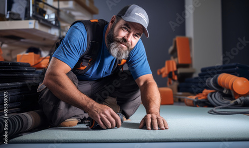 portrait of Carpet Installer, who Lays and installs carpet from rolls or blocks on floors, Installs padding and trim flooring materials
