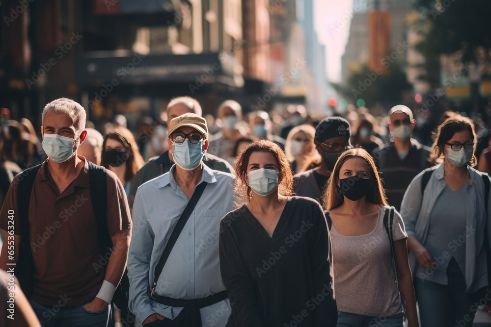 Crowd of people walking street wearing masks - obrazy, fototapety, plakaty 