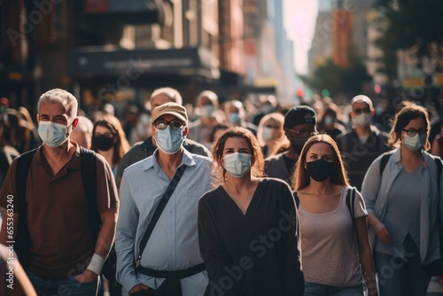 Stampa su tela Crowd of people walking street wearing masks