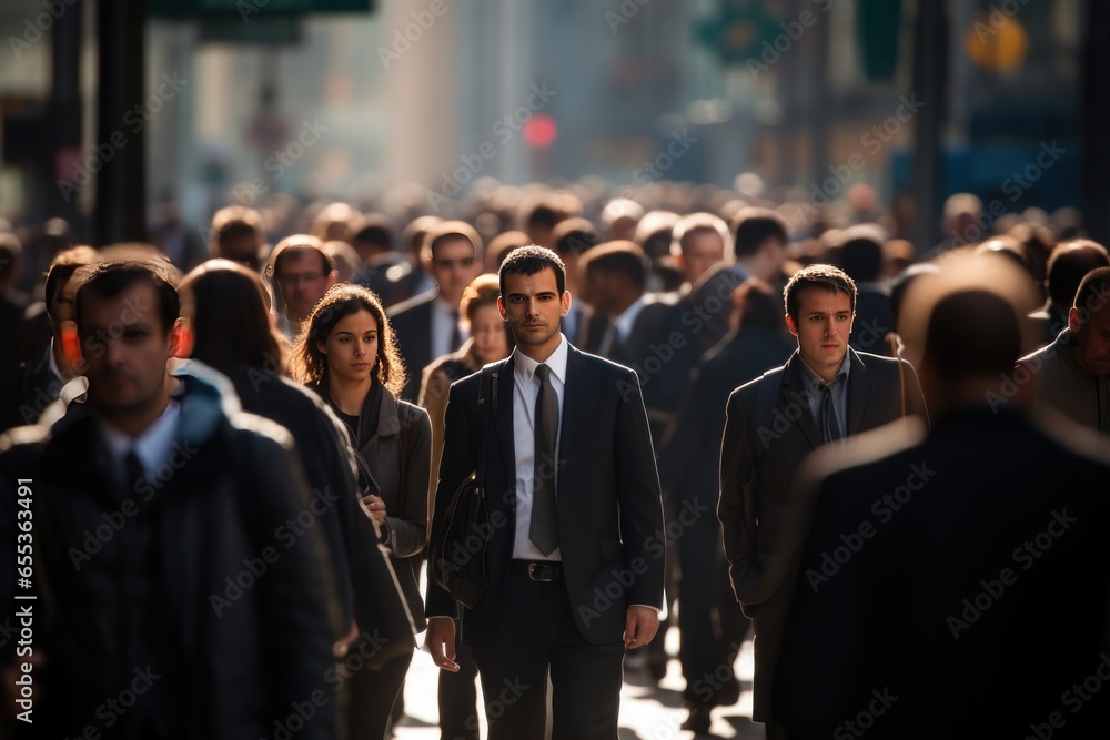 Crowd of business commuters people walking city street in the morning Crowd of business commuters people walking city street in the morning
