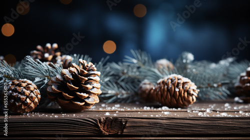 Picture a winter wonderland for Christmas, adorned with snow-dusted fir branches and pinecones against a forested background..