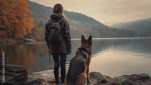 Cinematic image of a hiker girl with german shepherd dog in the beautiful nature landscape with rocks, mountains, autumn trees and lake. Long shot of a beautiful scene in autumn.