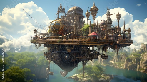 Visualize a steampunk-inspired island with mechanical creatures, gears, and steam-powered airships soaring above. © Ostojic