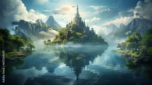Envision an island that exists only in the reflections of a calm  enchanted lake  with a mirrored world full of surreal wonders.