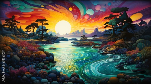 Conjure an island where colors have physical form, and vibrant, swirling hues paint the world in a mesmerizing tapestry.