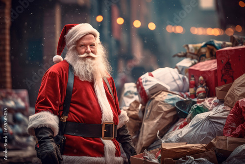 Christmas Capitalism's Cleanup Call. Santa Claus Takes Action Against the Pollution of Excessive Gifts, Signaling a Shift Towards Environmental Responsibility. Eco-Aware Santa.   © Mr. Bolota