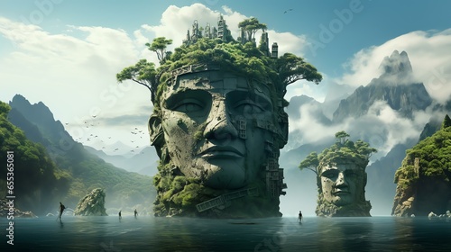 Picture an island sculpted by the dreams of sleeping giants, where colossal statues and surreal landscapes come to life. © Ostojic