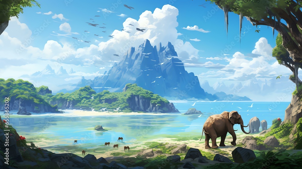 Visualize an island inhabited by colossal, lumbering beasts, whose ...
