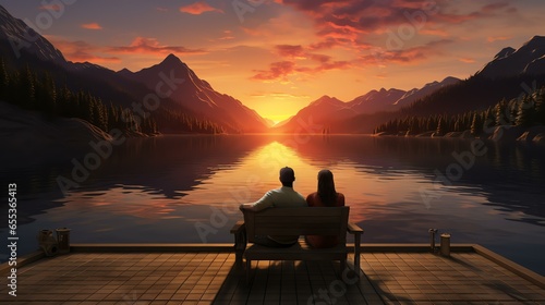 A couple watching the sun set on a dock by a calm mountain lake sony camera, photorealistic
