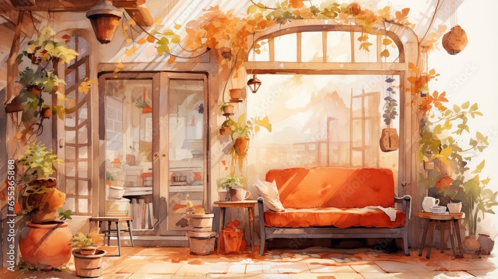 Obraz premium a painting of a living room with a couch and potted plants. generative ai