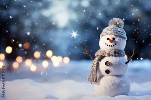 A cute toy Snowman in hat and scarf. Merry Christmas and Happy New Year Greeting Card AI Generated. Winter background