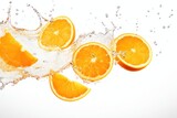 Sliced orange floating in water. Refreshing and healthy summer drink. Organic orange for vegan and vegetarian diet.