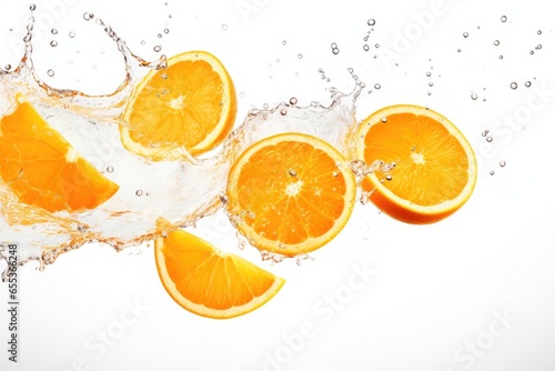 Sliced orange floating in water. Refreshing and healthy summer drink. Organic orange for vegan and vegetarian diet.