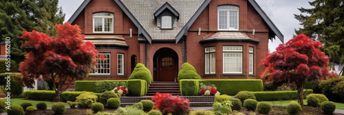 Victorian style red brick family villa house exterior with black roof tiles. Beautiful landscaped front yard with lawn and pruned shrubs photo