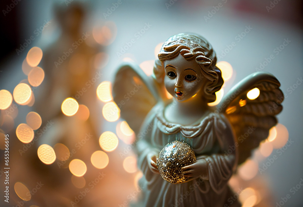 Close-up angel figurine against the background of lights and decorations during Christmas.AI Generated