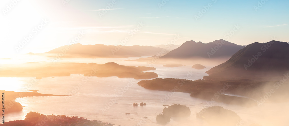 Vibrant Landscape on the West Coast of Pacific Ocean. Dramatic Sunset. Tofino. Aerial Nature Background Panorama