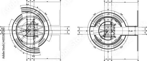 Vector sketch illustration of architectural design of circular stairs with elevator in the middle for shopping center mall