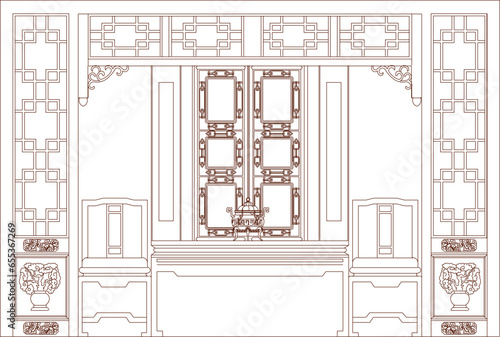 Vector sketch illustration of architectural design backdrop for Chinese family room of ancestral place