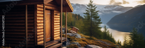 Outdoor sauna on top of mountain in nature